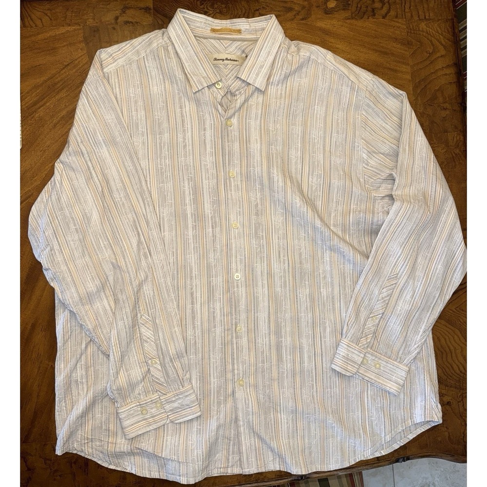 Tommy Bahama Mens XXL Cotton Silk Floral Embroidered Striped Button Down Shirt